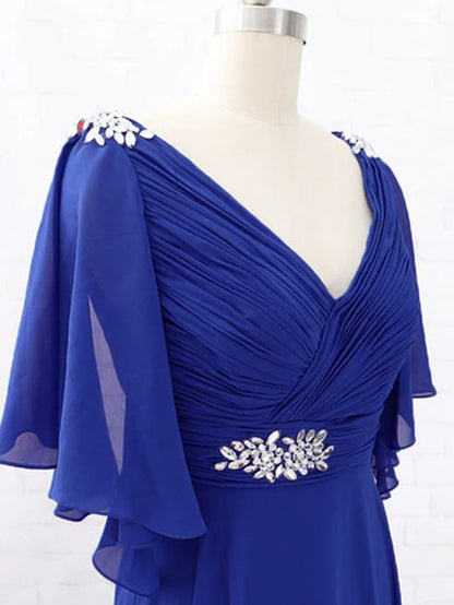 A-Line/Princess Chiffon Beading V-neck Short Sleeves Sweep/Brush Train Mother of the Bride Dresses Elegant
