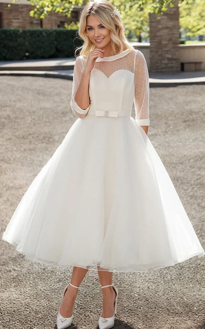 Tea-Length A-Line Bateau Neck Illusion Sleeve Bowed Tulle Wedding Dress Elegant