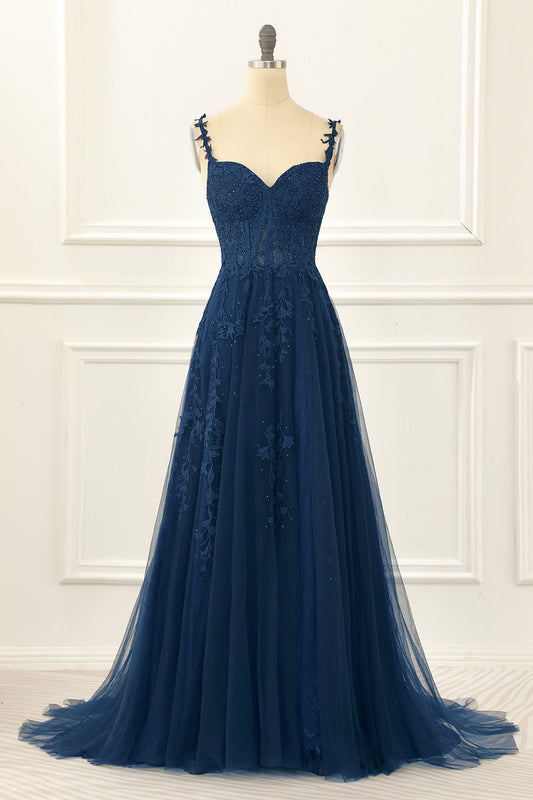 Navy Tulle A Line Corset Prom Dress With Appliques Floor Length Beautiful