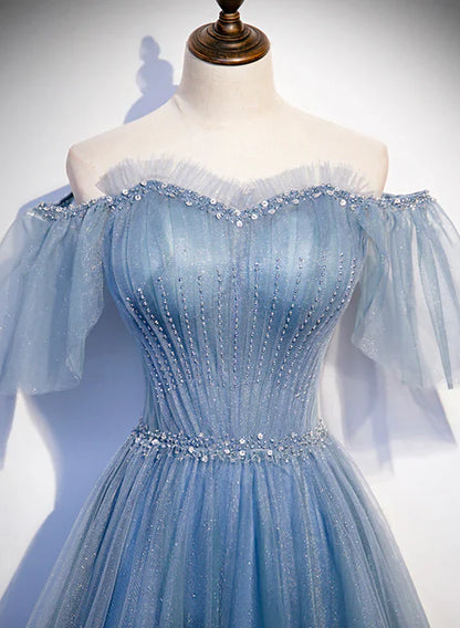 Charming Light Blue Tulle Puffy Sleeves Floor Length Party Dress A-line Pricess Gowns Prom Dress Sparkly