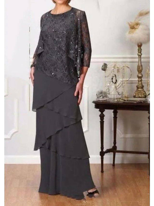 A-Line Mother of the Bride Dress Elegant Jewel Neck Floor Length Chiffon 3/4 Length Sleeve with Cascading Ruffles - RongMoon