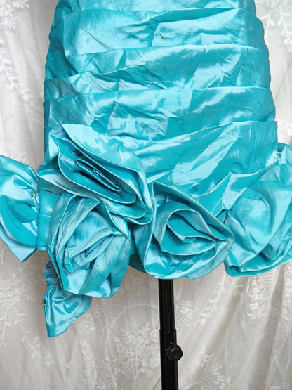 Vintage Blue Strapless Satin Pleated Short Party Dress Rose Flowers Hem Homecoming Dress cc3310
