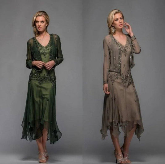 Green Mother Of The Bride Dresses A-line Chiffon Lace Beaded With Jaceket Wedding Party Dress Mother Dress For Wedding - RongMoon
