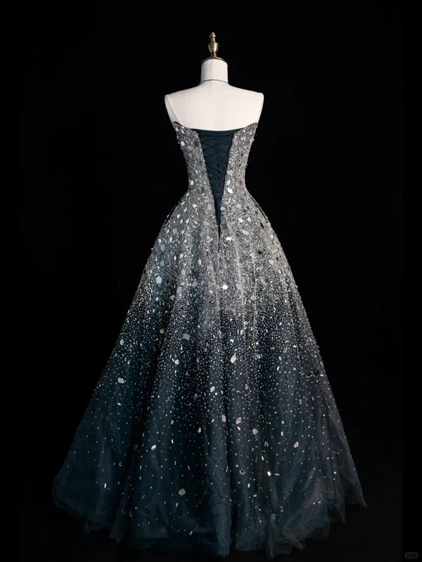 Black silver gorgeous sparkling elegant galaxy long sequined tulle floor-length ball gown evening dress gh4378