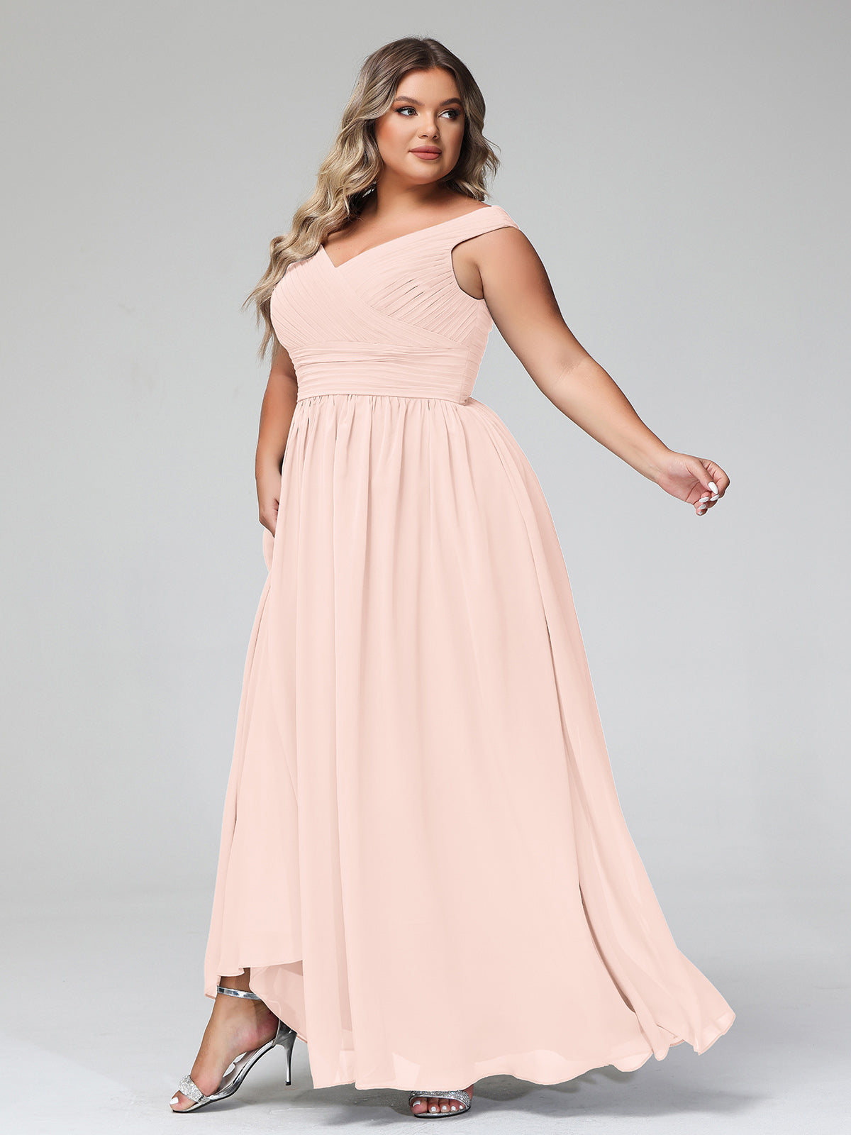 Off shoulder V-neck Maxi Dress with Pockets-Pearl Pink