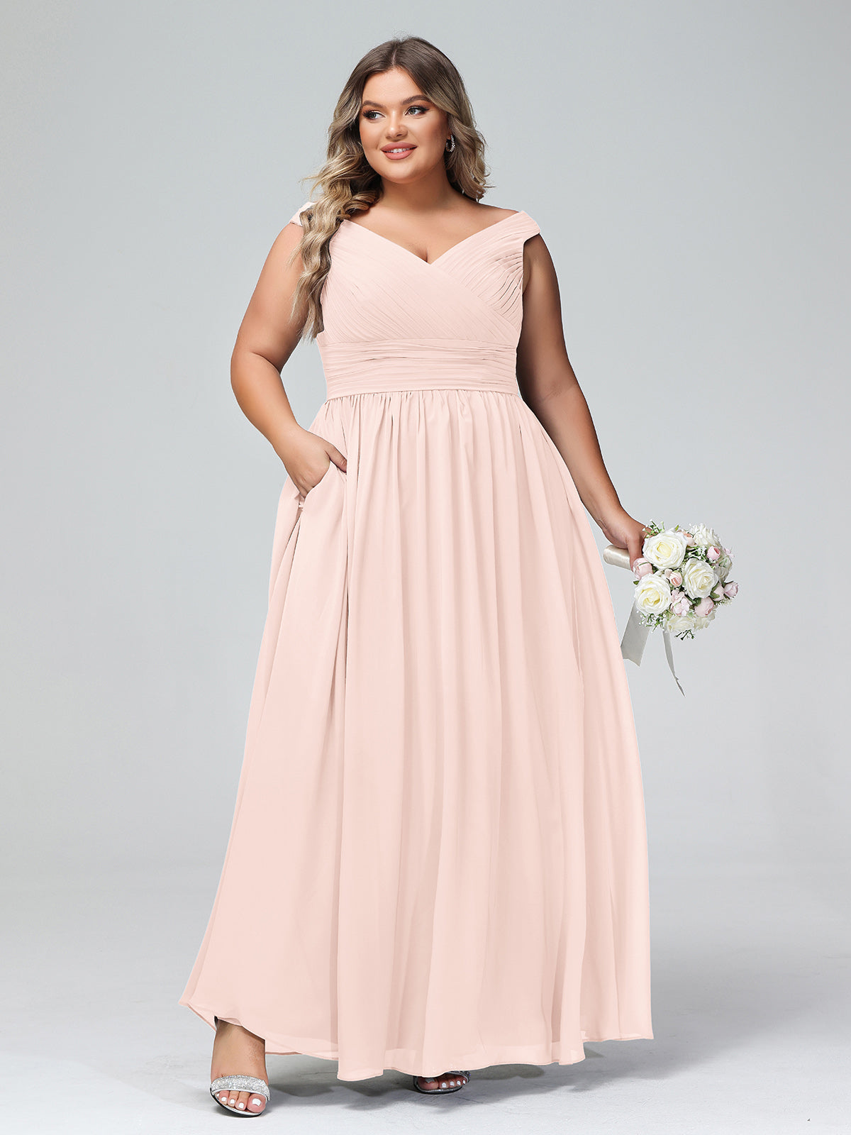 Off shoulder V-neck Maxi Dress with Pockets-Pearl Pink