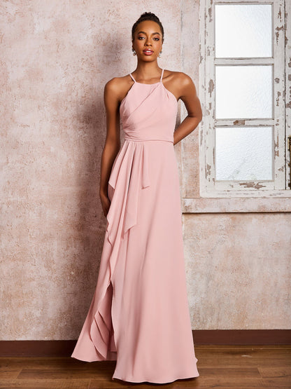 Halter Criss-Cross Straps Ruffles Chiffon Bridesmaid Dresses Dusty Rose