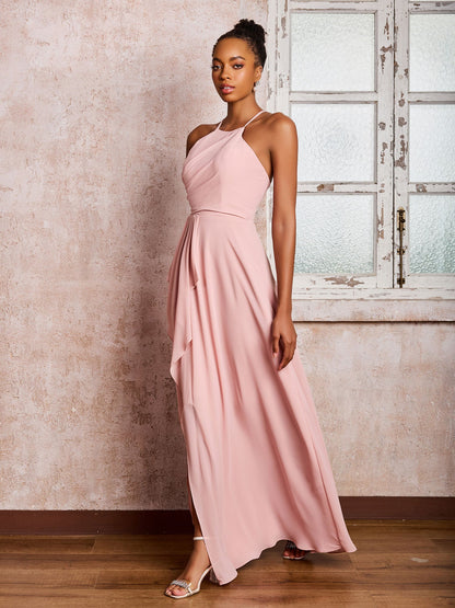 Halter Criss-Cross Straps Ruffles Chiffon Bridesmaid Dresses Dusty Rose