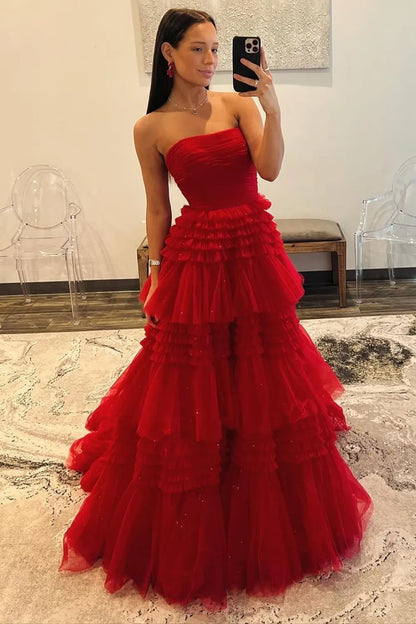 Aimishang Long Prom Dress Glitter A-Line Strapless Tulle With High Slit