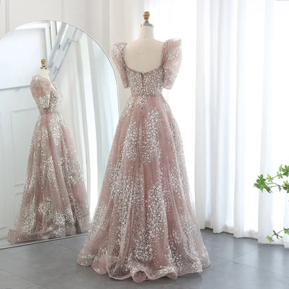 Gorgeous Sparkling Beaded Sequin Short-sleeve A-Line Long Prom Dress Evening Dress HZ1024