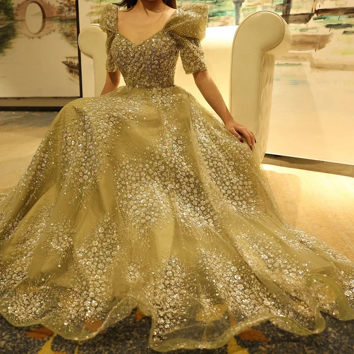 Gorgeous Sparkling Beaded Sequin Short-sleeve A-Line Long Prom Dress Evening Dress HZ1024