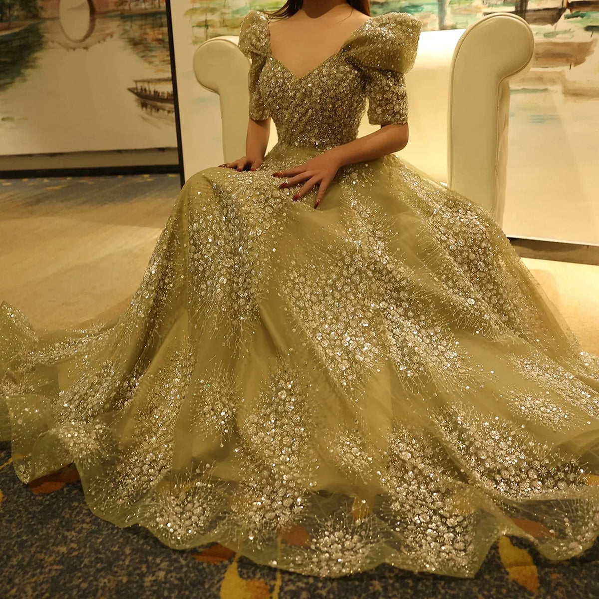 Gorgeous Sparkling Beaded Sequin Short-sleeve A-Line Long Prom Dress Evening Dress HZ1024