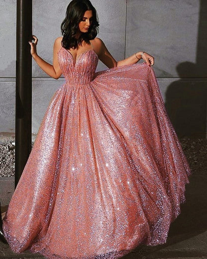 Glitter Tulle Prom Dresses V Neck Spaghetti Straps