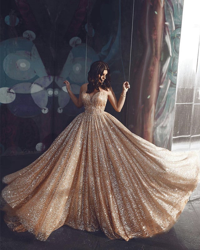 Glitter Tulle Prom Dresses V Neck Spaghetti Straps