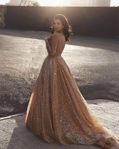 Glitter Tulle Prom Dresses V Neck Spaghetti Straps