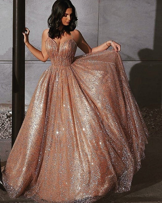Glitter Tulle Prom Dresses V Neck Spaghetti Straps