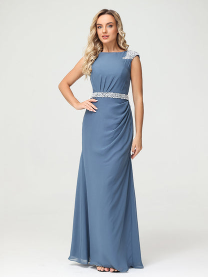 Chiffon Sheath Dress with Beaded Waistband-Slate Blue
