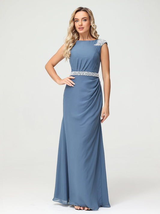 Chiffon Sheath Dress with Beaded Waistband-Slate Blue