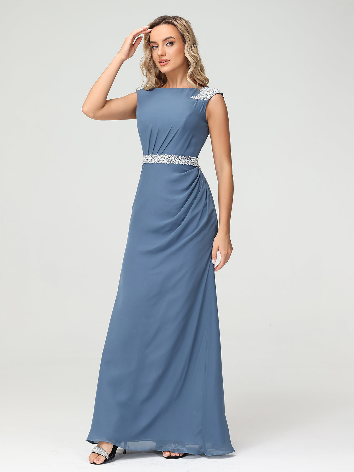 Chiffon Sheath Dress with Beaded Waistband-Slate Blue