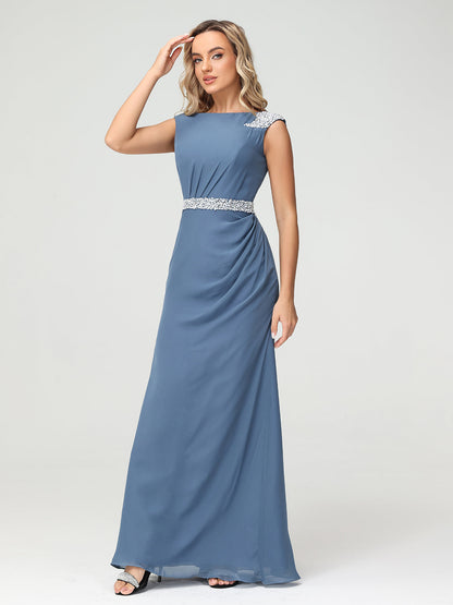 Chiffon Sheath Dress with Beaded Waistband-Slate Blue