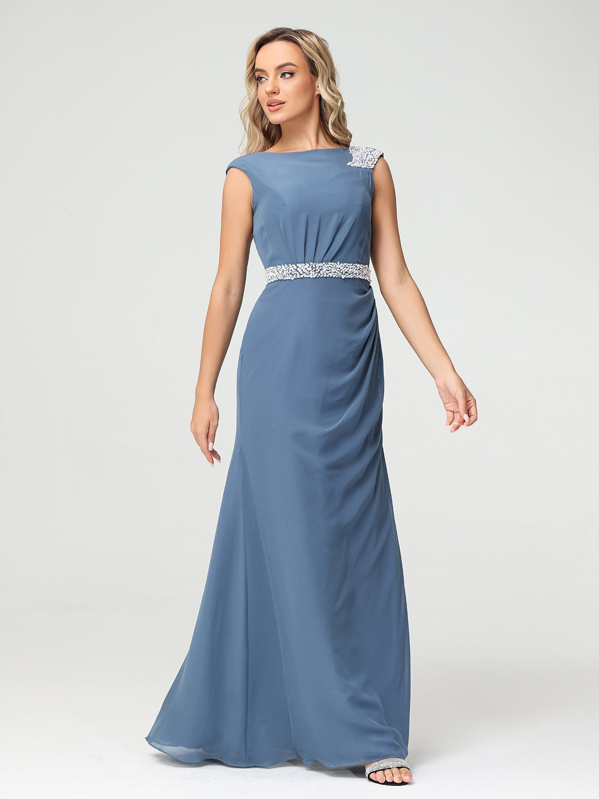 Chiffon Sheath Dress with Beaded Waistband-Slate Blue