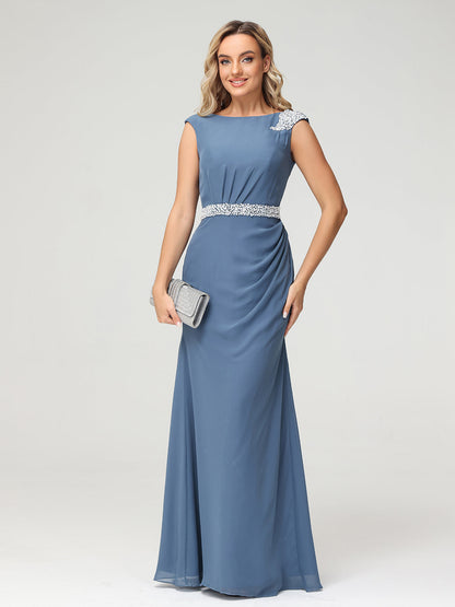 Chiffon Sheath Dress with Beaded Waistband-Slate Blue