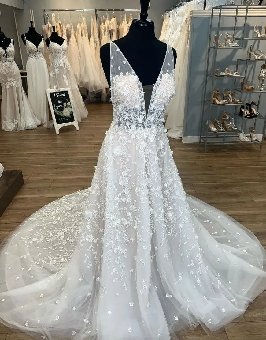 Aimishang Wedding Dress A-Line V-Neck Open Back Chapel Train