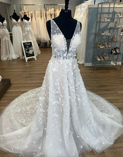 Aimishang Wedding Dress A-Line V-Neck Open Back Chapel Train