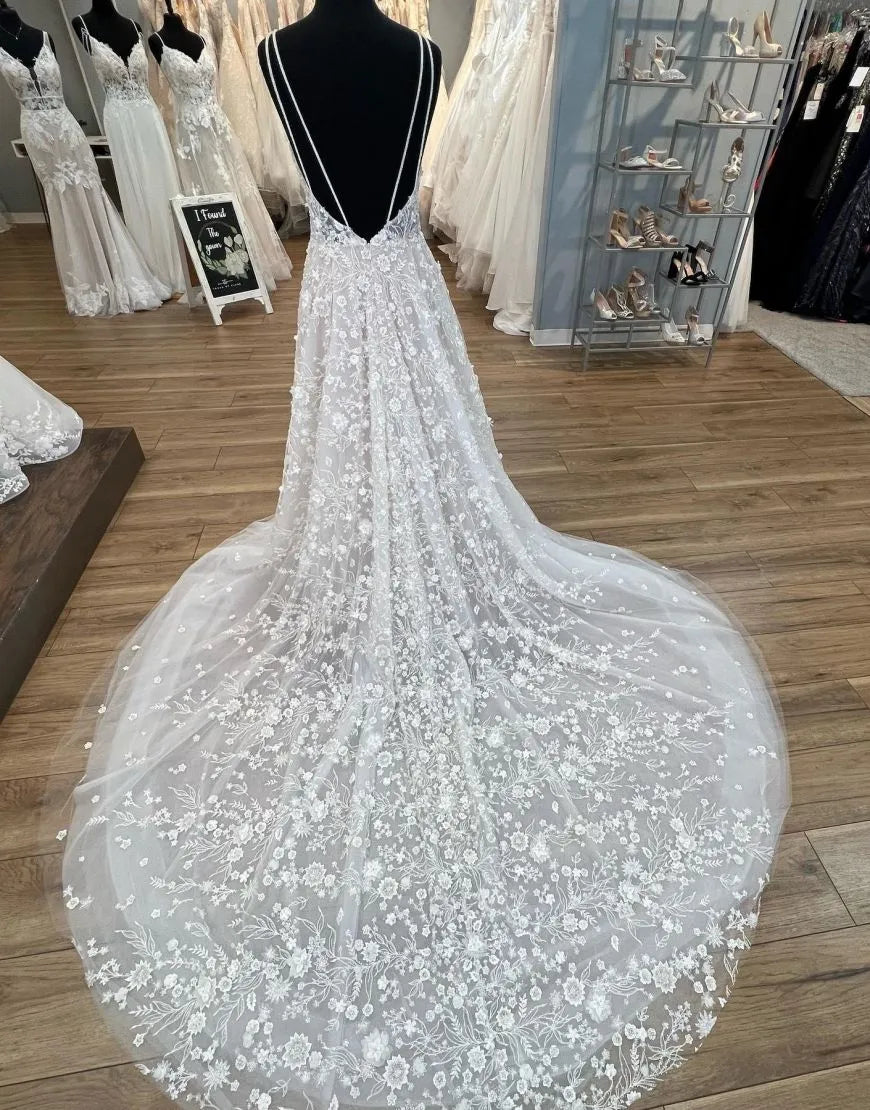 Aimishang Wedding Dress A-Line V-Neck Open Back Chapel Train