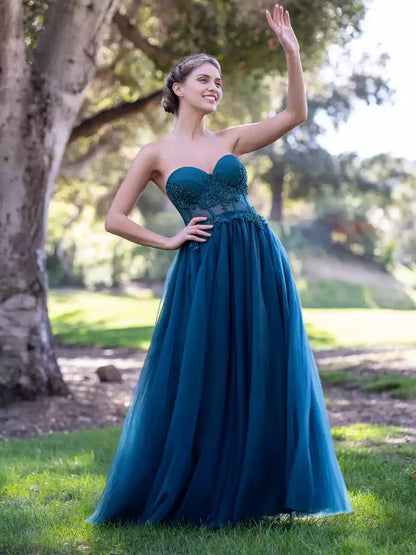 Gorgeous A-line sheer and heart-shaped neckline sleeveless tight corset with lace decals and beaded lace up back Prom Dresses