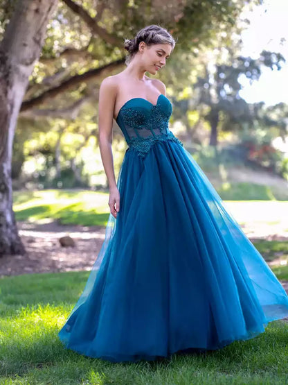 Gorgeous A-line sheer and heart-shaped neckline sleeveless tight corset with lace decals and beaded lace up back Prom Dresses