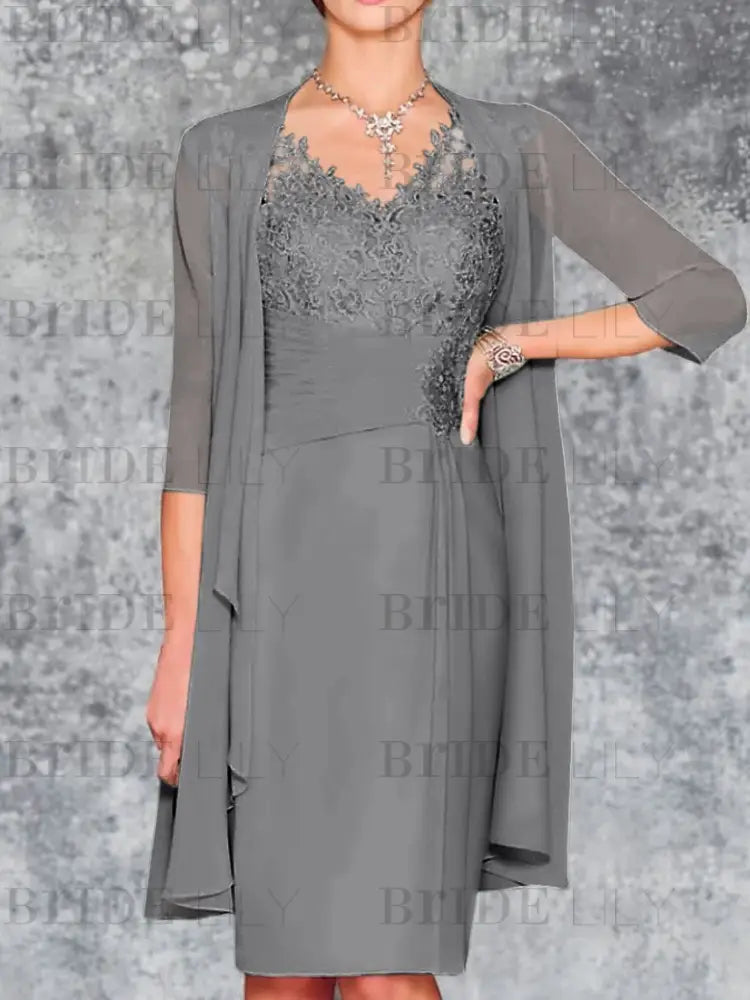 Two Piece Ruffle Chiffon Mother of the Bride Outfit Lace Short Wedding Guest Dress