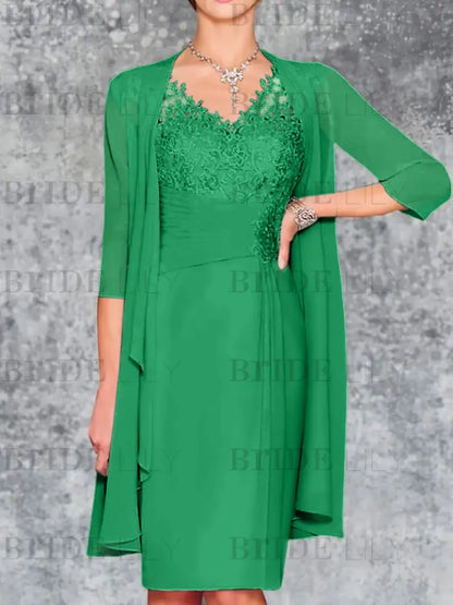 Two Piece Ruffle Chiffon Mother of the Bride Outfit Lace Short Wedding Guest Dress