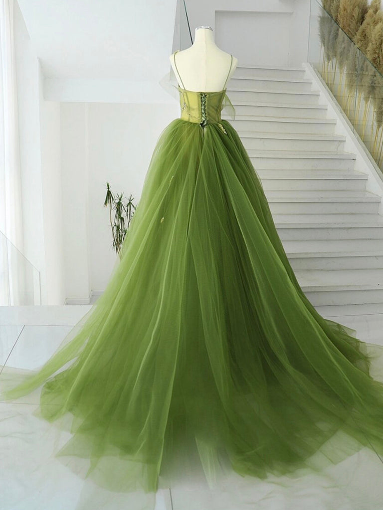 A-Line Green Tulle Long Prom Dress Evening Dress Floor Length Elegant