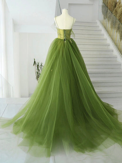 A-Line Green Tulle Long Prom Dress Evening Dress Floor Length Elegant