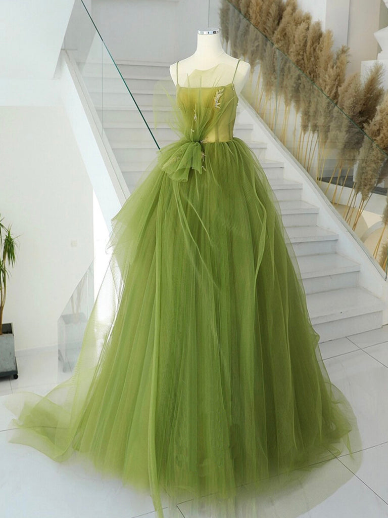 A-Line Green Tulle Long Prom Dress Evening Dress Floor Length Elegant