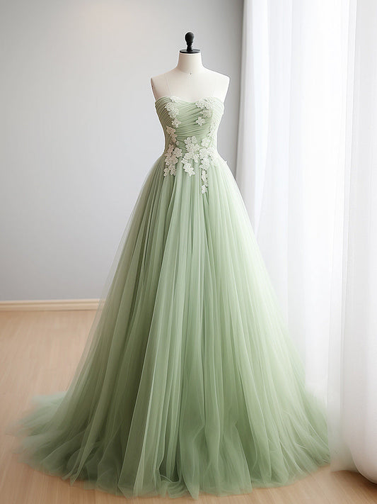 A-Line Sweetheart Neck Tulle Lace Applique Green Long Prom Dress Formal Dress Off Shoulder