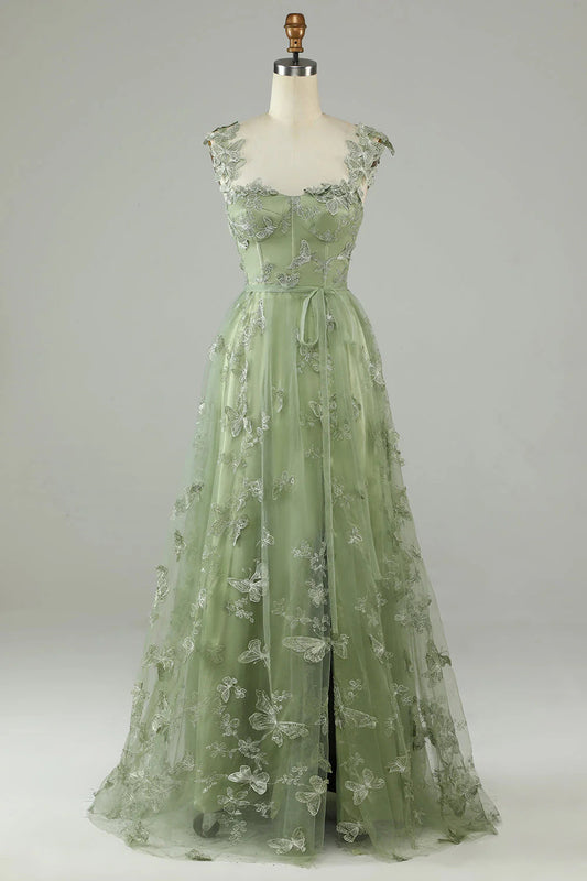 Green Long Tulle Prom Dress with 3D Butterflies Beautiful Formal Dress Charming Evening Party Dress