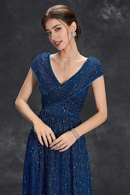 Grey Blue A-Line V-Neck Long Maxi Mother of the Bride Dress With Pleated