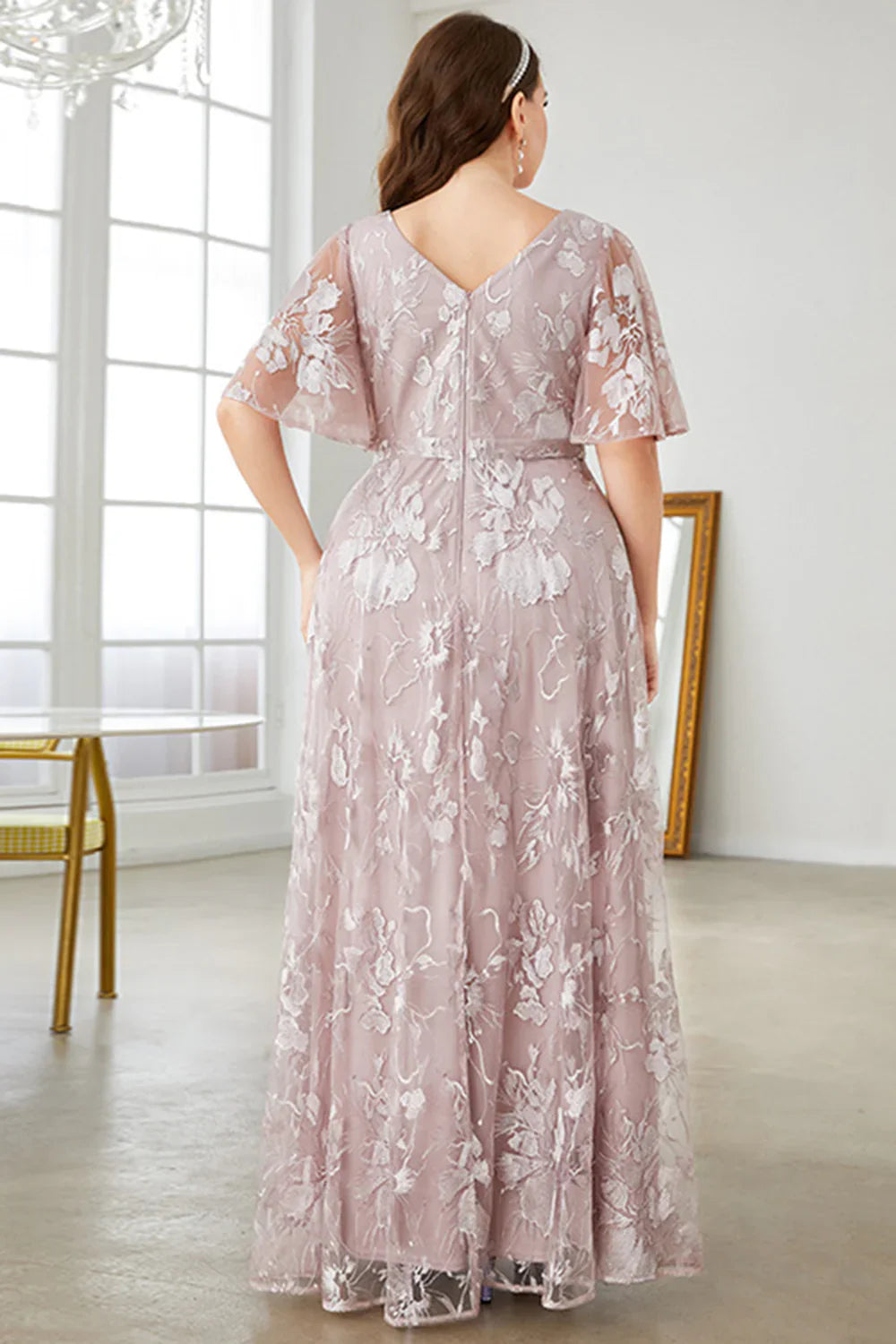 Plus Size A-Line V-Neck Embroidered Prom Dress