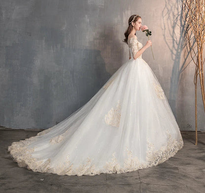 Off The Shoulder Half Sleeve Wedding Dress Lace Applique Plus Size Ball Gown Customized