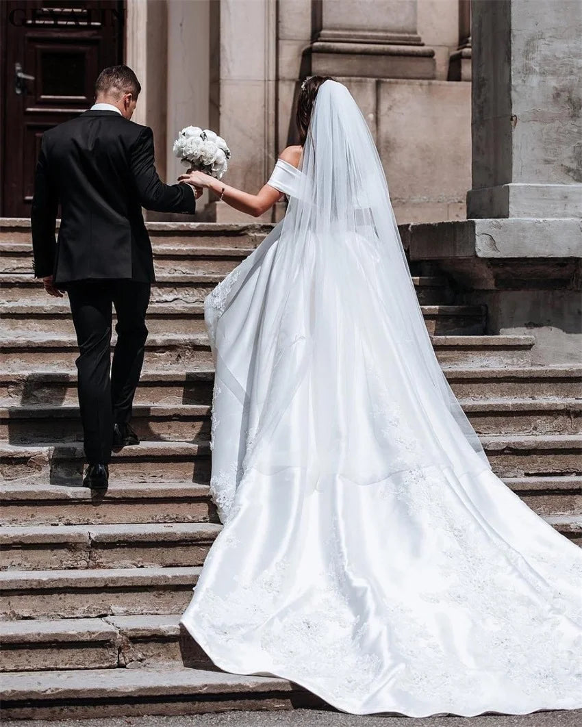 Customized Luxury White Satin Ball Gown Wedding Dress Appliques Off The Shoulder