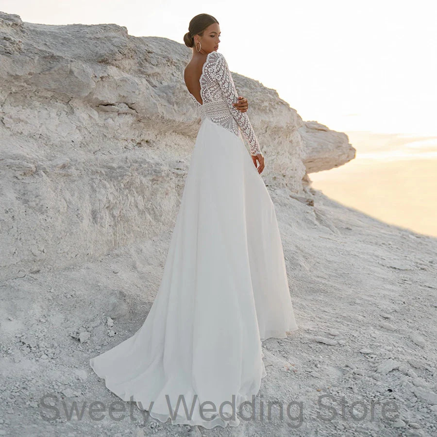 Customized Sexy Long Sleeves Bohemian Lace Bridal Gown