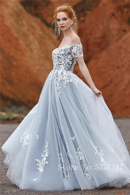 Off the Shoulder Short Sleeves Lace Applique A-line Wedding Dress