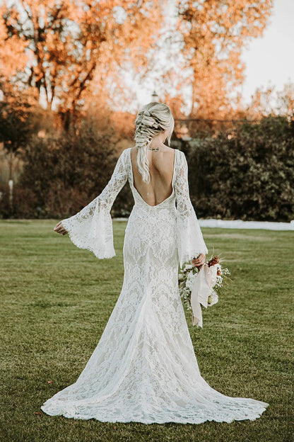 Customized Boho Lace Long Wedding Dress Mermaid Flare Bridal Gowns Elegant Vintage Bride Dresses