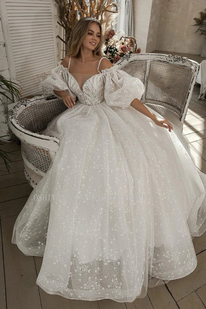 Princess Applique Lace Wedding Dresses Puff Sleeve Ball Gown