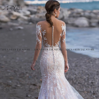 Sexy Scoop Long Sleeves Mermaid Wedding Dresses Bridal Gown