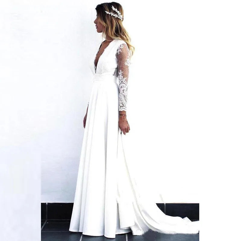 On Sale Long Sleeve Wedding Gowns Lace Bridal Gowns Deep V Neckline