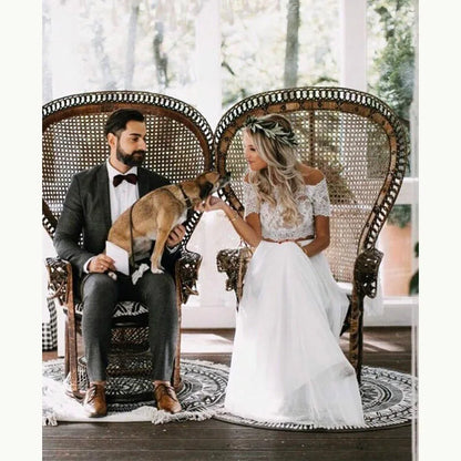 Charming Customized Boho Wedding Gowns Lace Two Pieces Top Bateau Neckline Beach Bride Dresses