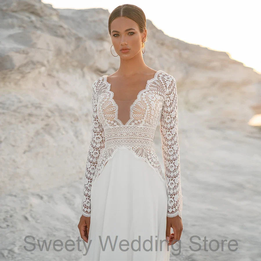 Customized Sexy Long Sleeves Bohemian Lace Bridal Gown